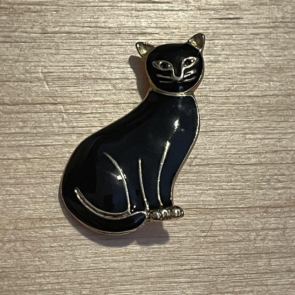 Vintage 1990s Black Cat Metal‎ Enamel Brooch Gold Tone Kitten Pin